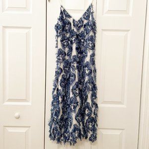 NWT Calvin Luo White and Blue Fringe Slip Midi Dress